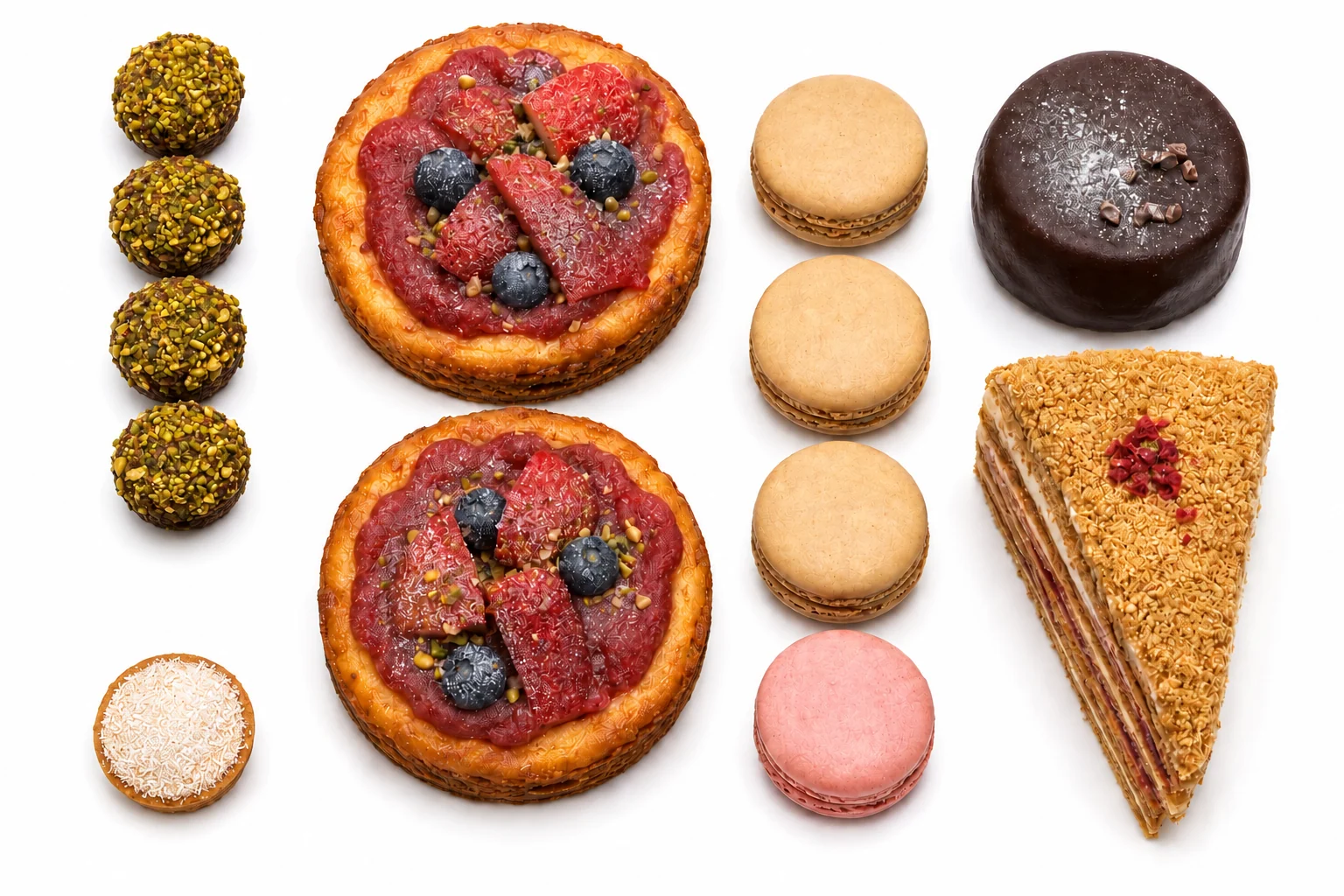 Selecție de mini-prăjituri, tarte și macarons